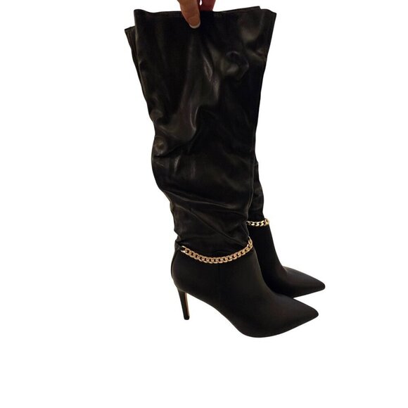 Express Shoes - Black High Heel Knee-High Boots With Gold Chain Accents Made In China